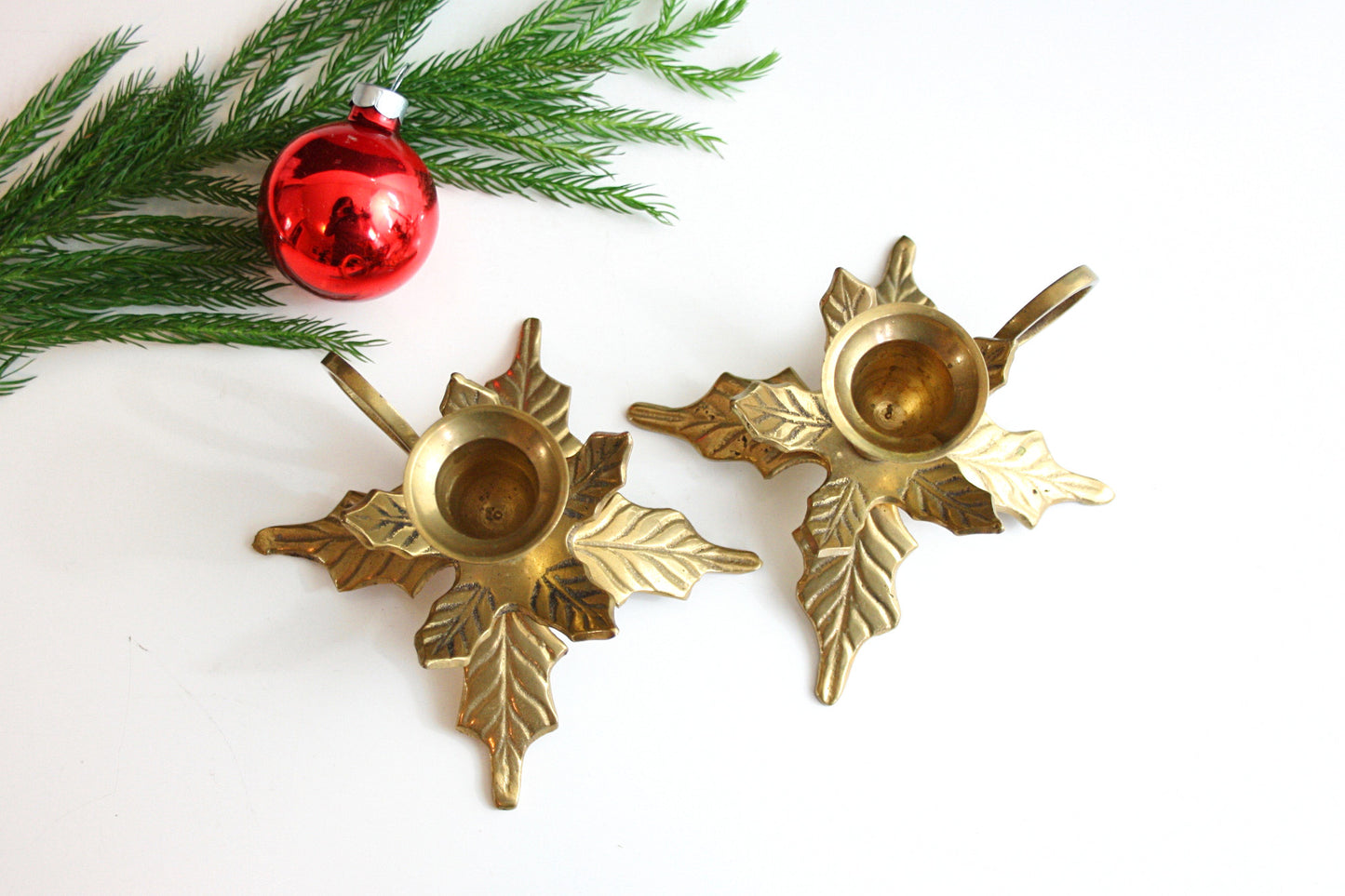 SOLD - Mid Century Brass Leaves Candlesticks / Vintage Brass Christmas Candlesticks