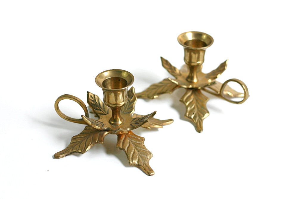 SOLD - Mid Century Brass Leaves Candlesticks / Vintage Brass Christmas Candlesticks