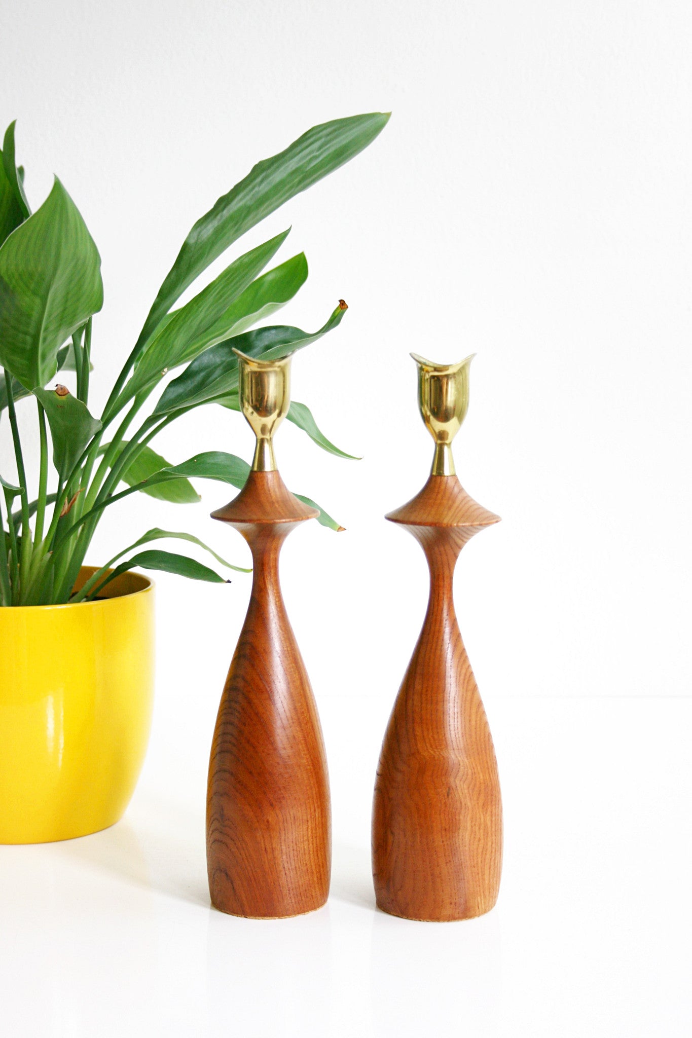 SOLD - Mid Century Modern Wood and Brass Candlesticks / Danish Modern Candle Holders
