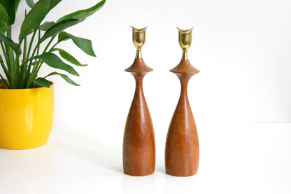 SOLD - Mid Century Modern Wood and Brass Candlesticks / Danish Modern Candle Holders