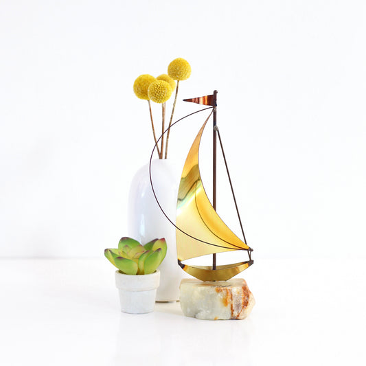 SOLD - Mid Century DeMott Brass & Copper Sailboat Sculpture with Onyx Base