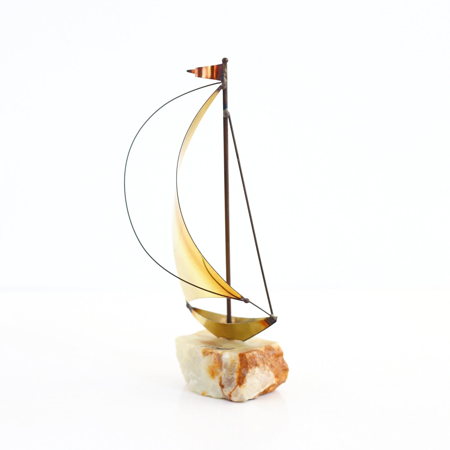 SOLD - Mid Century DeMott Brass & Copper Sailboat Sculpture with Onyx Base