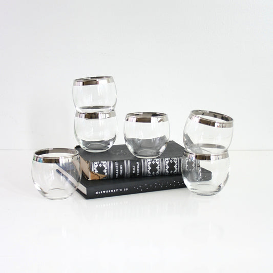 SOLD - Set of Six Mid Century Silver-Rimmed Roly Poly Glasses