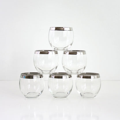 SOLD - Set of Six Mid Century Silver-Rimmed Roly Poly Glasses