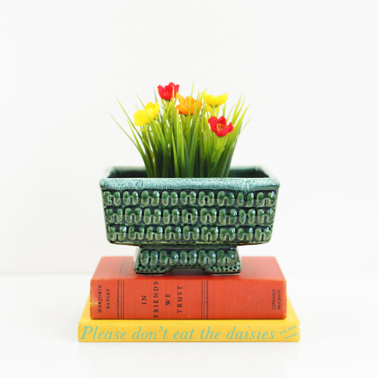 SOLD - Mid Century Emerald Drip Glaze Pedestal Planter