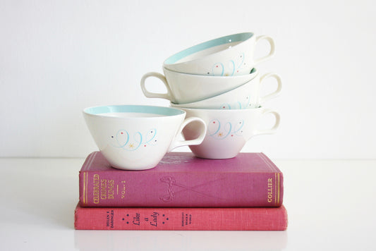 SOLD - Mid Century Modern Turquoise Scroll Starburst Tea Cups by Homer Laughlin