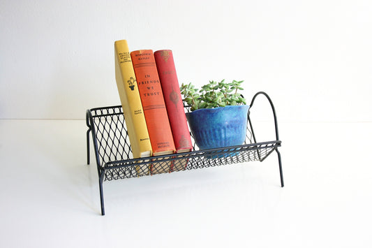 SOLD - Mid Century Modern Metal Book Rack / Vintage Black Metal Desktop Book Shelf