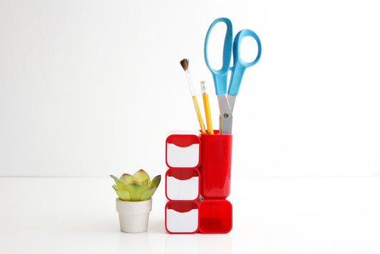 SOLD - Mid Century Mod Desk Organizer / Retro Red Plastic Desk Caddy