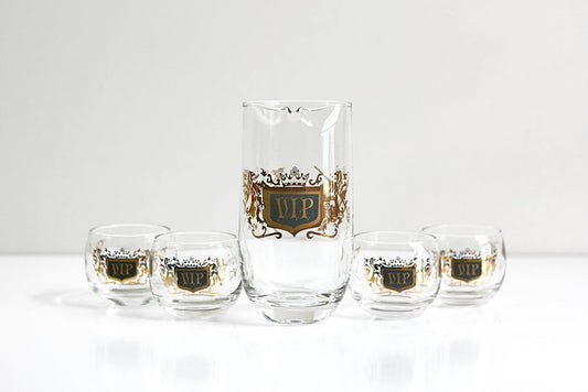 SOLD - Mid Century Modern VIP Cocktail Set / Vintage VIP Glasses and Pitcher Barware Set