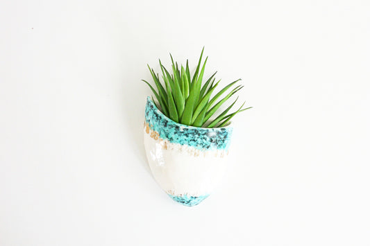 SOLD - Mid Century Modern White Turquoise and Gold Wall Pocket / Vintage Atomic Wall Planter