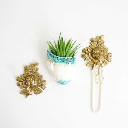 SOLD - Mid Century Modern White Turquoise and Gold Wall Pocket / Vintage Atomic Wall Planter