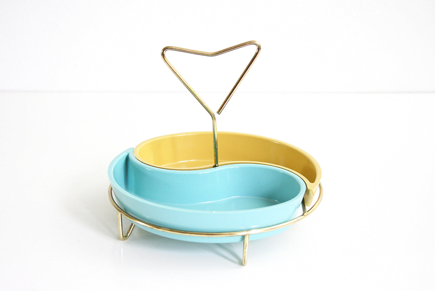 SOLD - Mid Century Modern Snack Serving Set / Vintage Aqua and Yellow Trays with Brass Stand