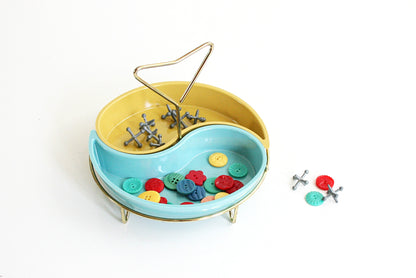 SOLD - Mid Century Modern Snack Serving Set / Vintage Aqua and Yellow Trays with Brass Stand
