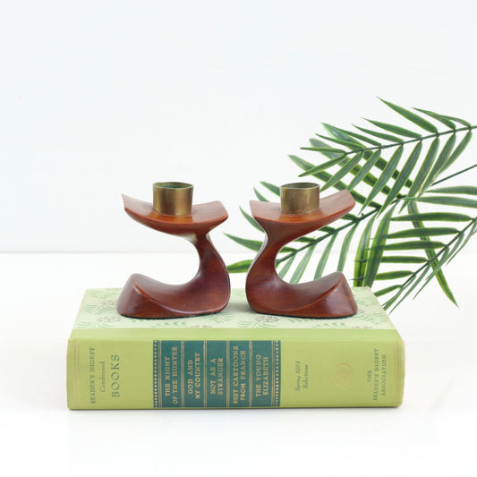SOLD - Mid Century Modern Modernist Wood & Brass Candlesticks