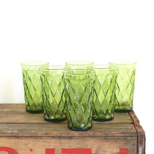 SOLD - Mid Century Avocado Green Gemstone Kimberly Glasses by Anchor Hocking