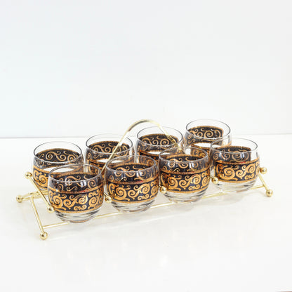 SOLD - Mid Century Modern Black & Gold Cocktail Glasses with Caddy