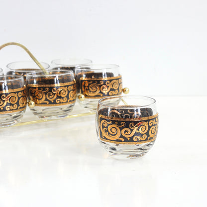 SOLD - Mid Century Modern Black & Gold Cocktail Glasses with Caddy