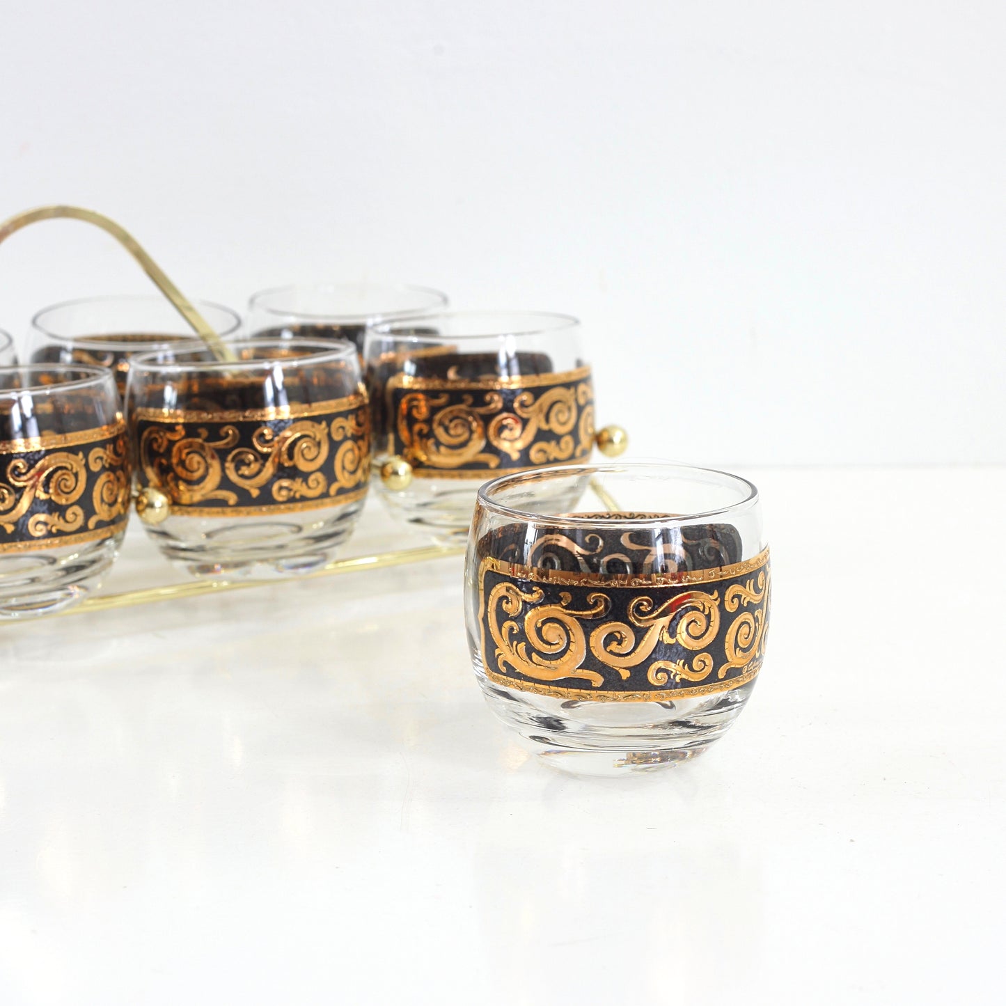 SOLD - Mid Century Modern Black & Gold Cocktail Glasses with Caddy