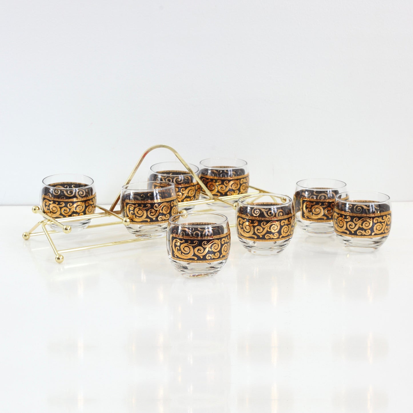 SOLD - Mid Century Modern Black & Gold Cocktail Glasses with Caddy