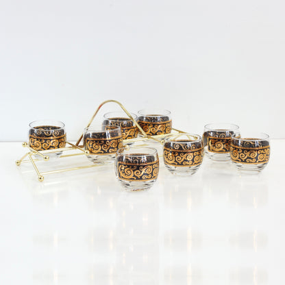 SOLD - Mid Century Modern Black & Gold Cocktail Glasses with Caddy