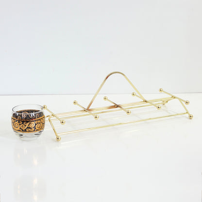 SOLD - Mid Century Modern Black & Gold Cocktail Glasses with Caddy
