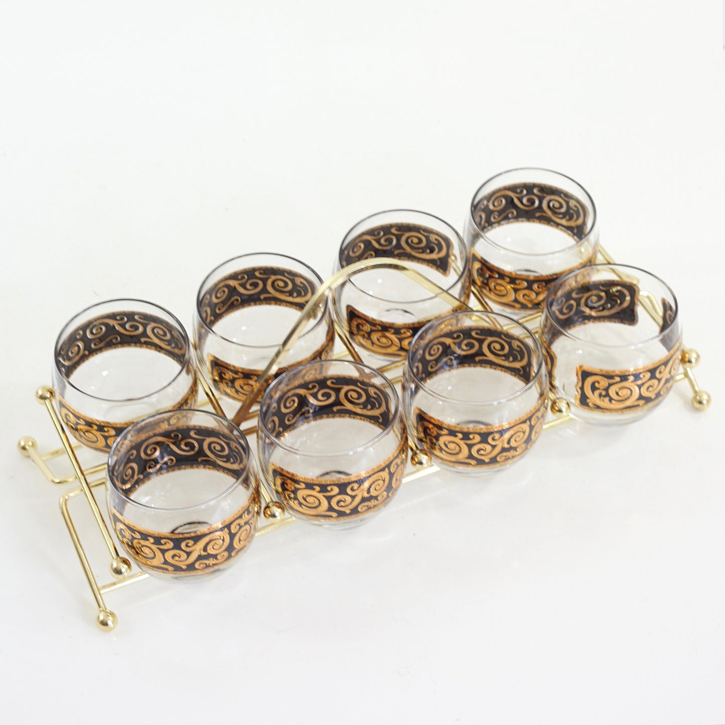 SOLD - Mid Century Modern Black & Gold Cocktail Glasses with Caddy