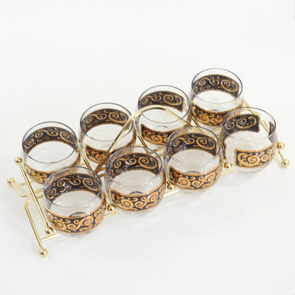 SOLD - Mid Century Modern Black & Gold Cocktail Glasses with Caddy