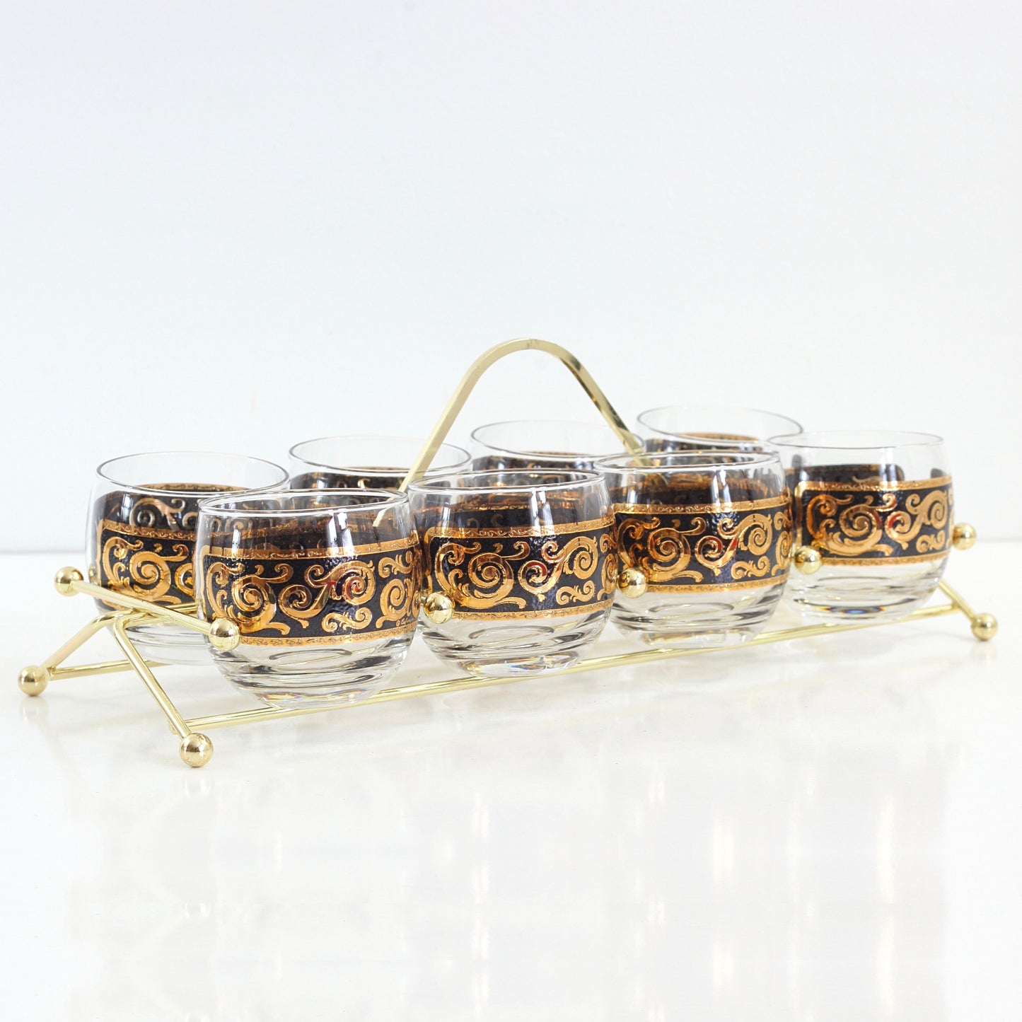 SOLD - Mid Century Modern Black & Gold Cocktail Glasses with Caddy