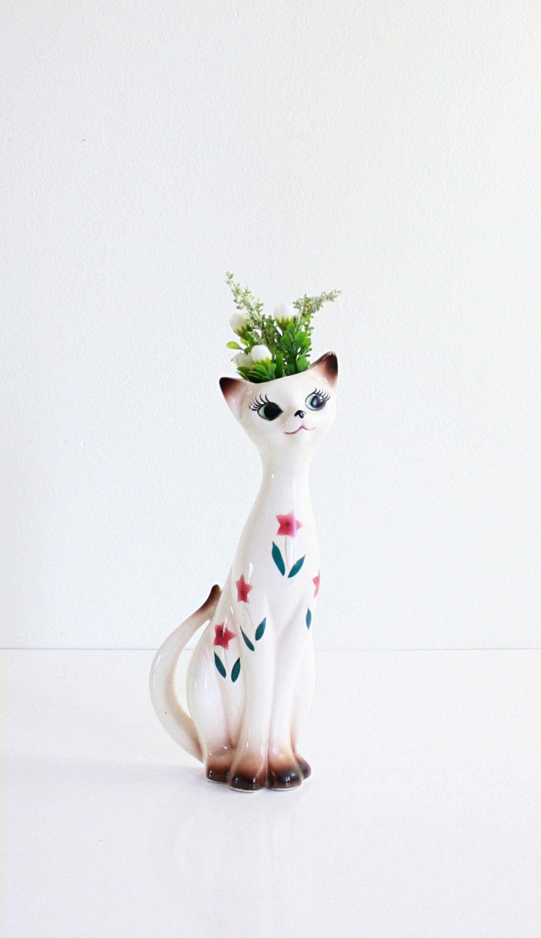 SOLD - Mid Century Floral Ceramic Cat Wall Pocket