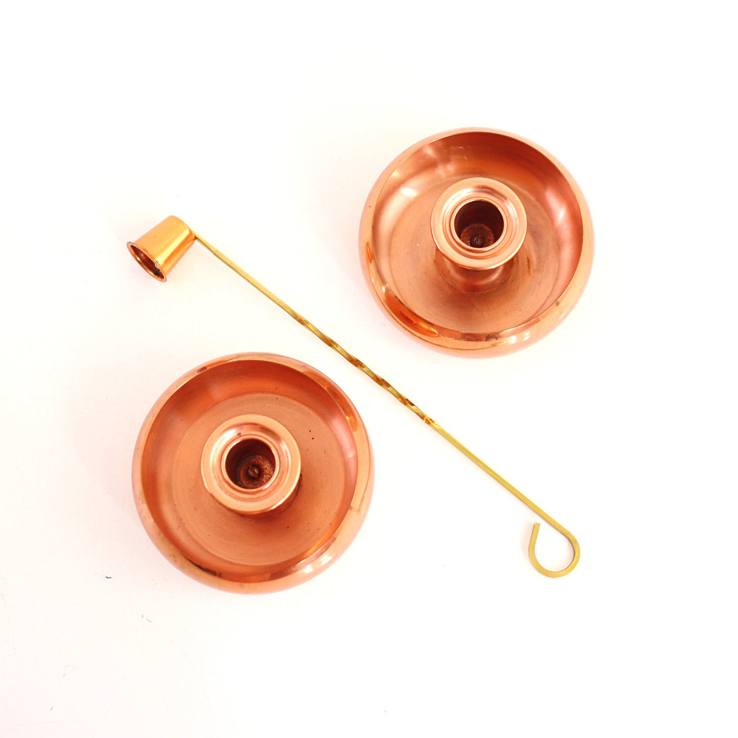 SOLD - Mid Century Copper and Brass Candlestick Set with Snuffer