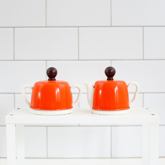 SOLD - Mid Century Modern Cream & Sugar Set with Orange Aluminum Cozies