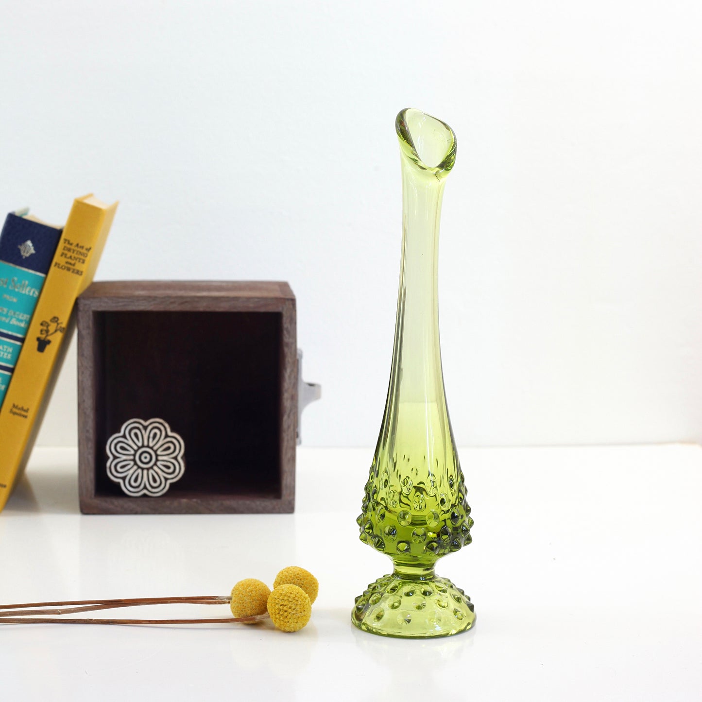 SOLD - Mid Century Modern Green Glass Hobnail Vase