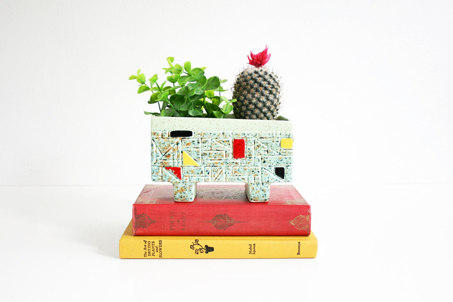 SOLD - Mid Century Modern Geometric Planter / Vintage Mint Green Plant Pot
