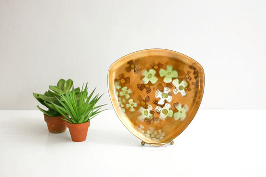 SOLD - Mid Century Modern Abstract Flowers Enamel Dish / Vintage Gold Enamel Floral Plate