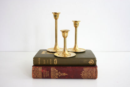 SOLD - Mid Century Modern Graduated Brass Candlesticks / Set of Three