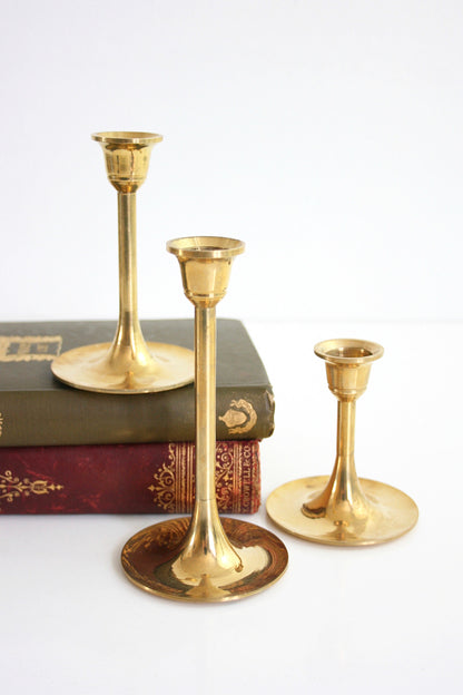 SOLD - Mid Century Modern Graduated Brass Candlesticks / Set of Three