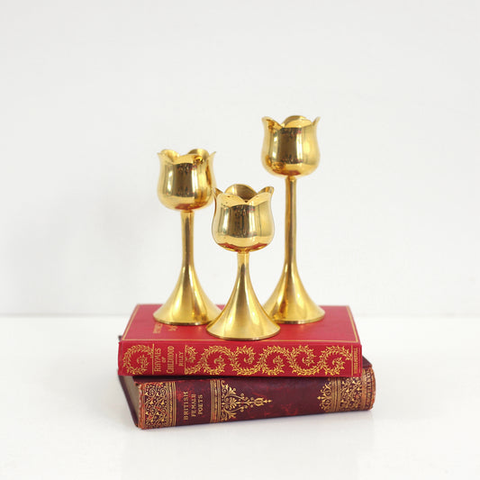 SOLD - Trio of Mid Century Brass Tulip Candlesticks