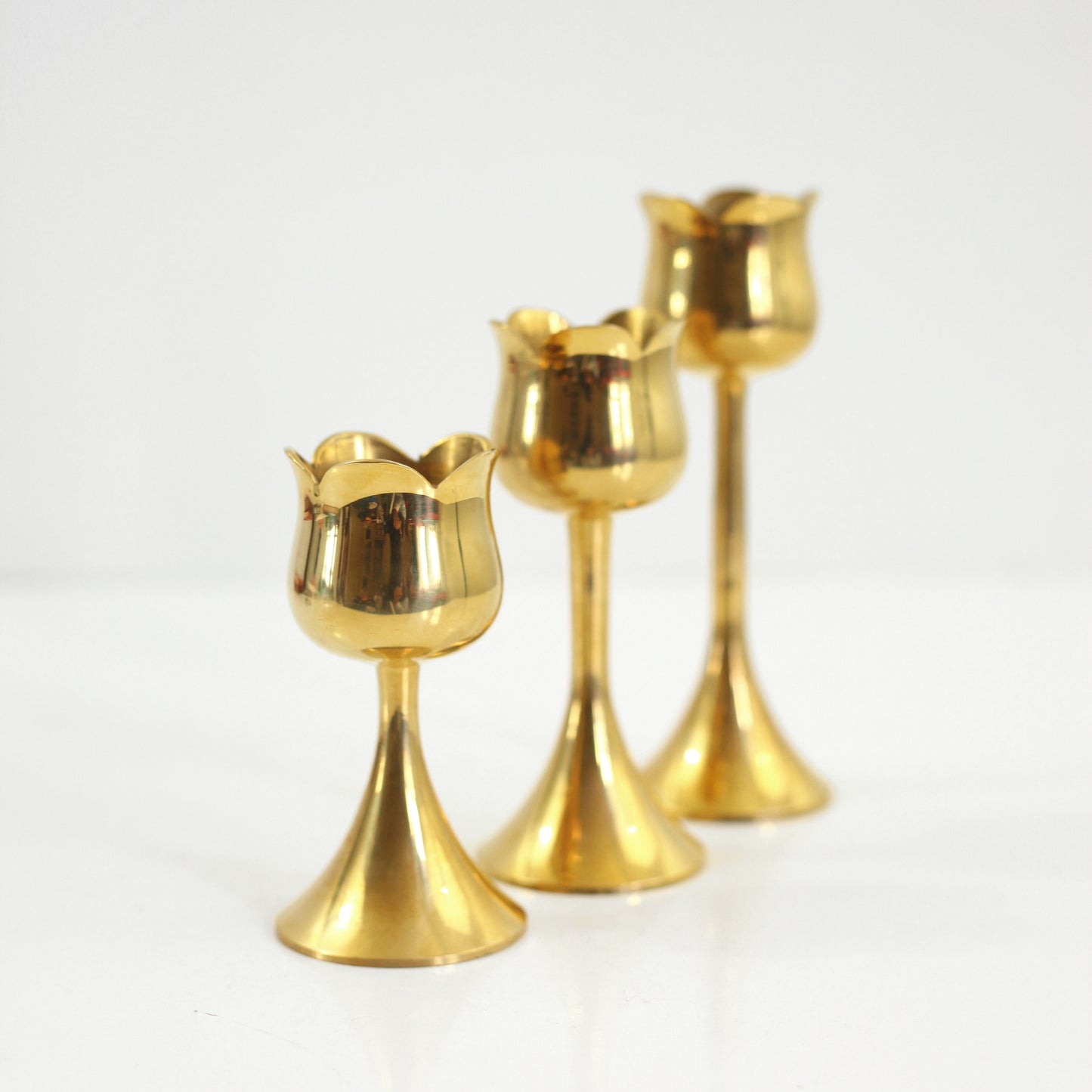 SOLD - Trio of Mid Century Brass Tulip Candlesticks