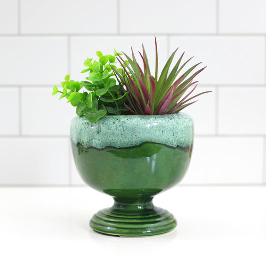 SOLD - Mid Century Emerald Green Drip Glaze Pedestal Planter