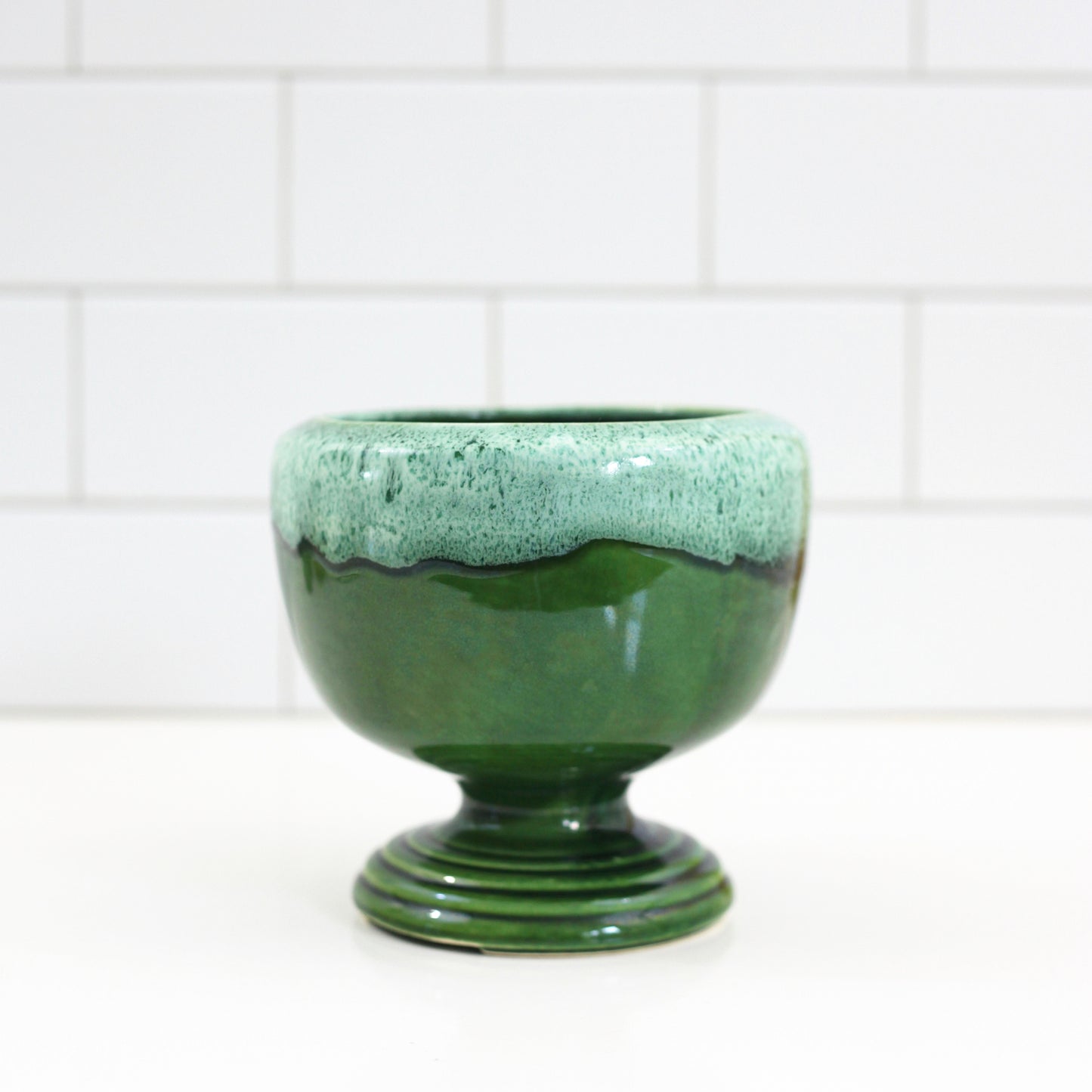 SOLD - Mid Century Emerald Green Drip Glaze Pedestal Planter