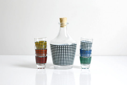 SOLD - Mid Century Modern Houndstooth Shot Glasses and Decanter Set from France