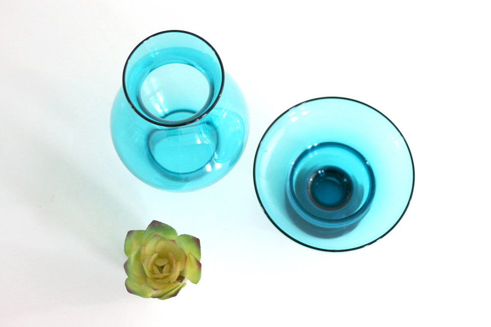 SOLD - Mid Century Modern Morgantown Glass Hurricane Lamp - Vintage Peacock Blue Candle Holder