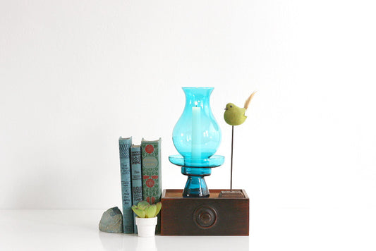 SOLD - Mid Century Modern Morgantown Glass Hurricane Lamp - Vintage Peacock Blue Candle Holder