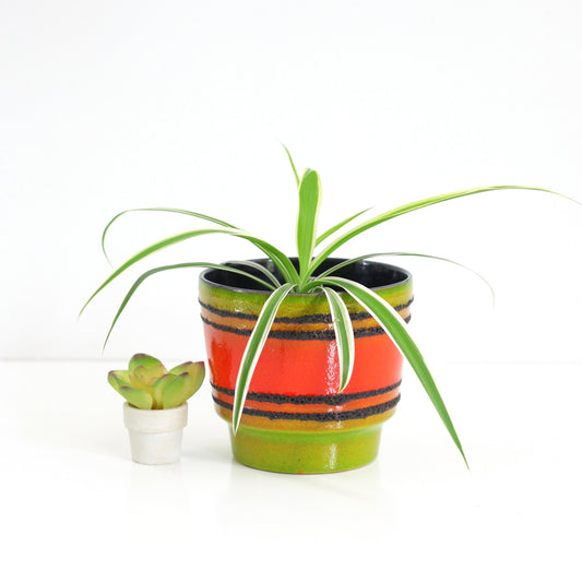 SOLD - Mid Century West German Roth Keramik Planter - Orange & Green Stripes