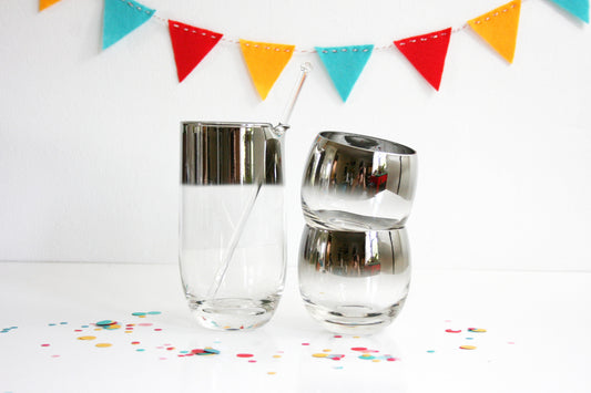 SOLD - Mid Century Modern Silver Ombre Cocktail Set / Vintage Silver Fade Roly Poly Glasses and Decanter