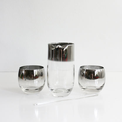 SOLD - Mid Century Modern Silver Ombre Cocktail Set / Vintage Silver Fade Roly Poly Glasses and Decanter
