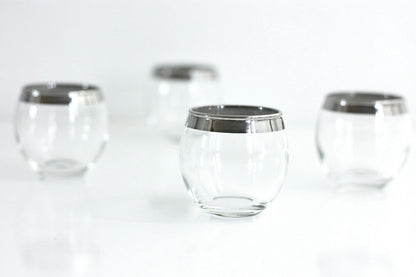 SOLD - Dorothy Thorpe Roly Poly Glasses / Mid Century Modern Mad Men Tumblers / Silver Rimmed Barware / Vintage Whiskey Glasses
