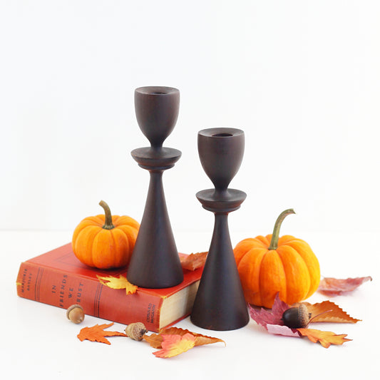SOLD - Mid Century Modern Turned Wood Candlesticks