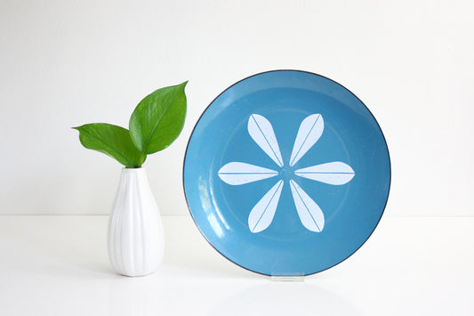 SOLD - Vintage Cathrineholm Turquoise Blue and White Enamel Lotus Plate / Mid Century Modern Enamel Dish