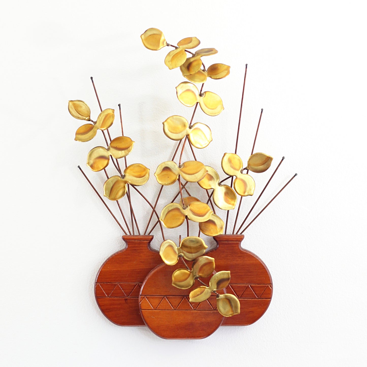 SOLD - Mid Century Modern Wood & Brass Plant Wall Hanging